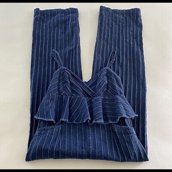 ETT TWA By Anthropologie Sleeveless Peplum Ruffle Stripe Denim Romper/Jumpsuit - Picture 4 of 9